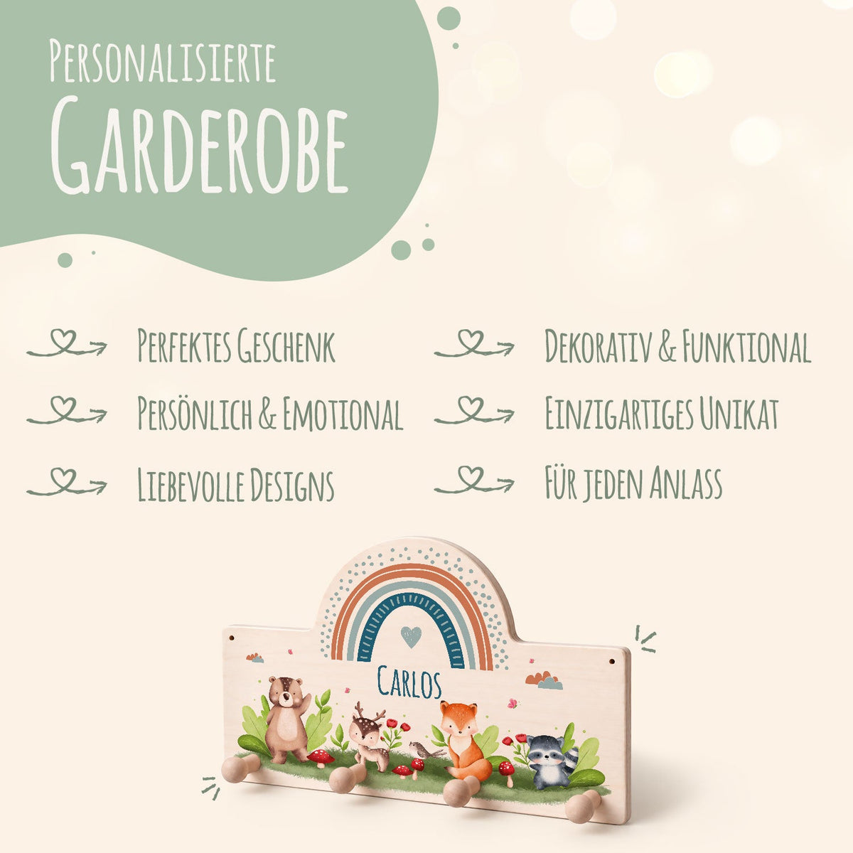 Personalisierte Kinder-Garderobe – Waldtiere